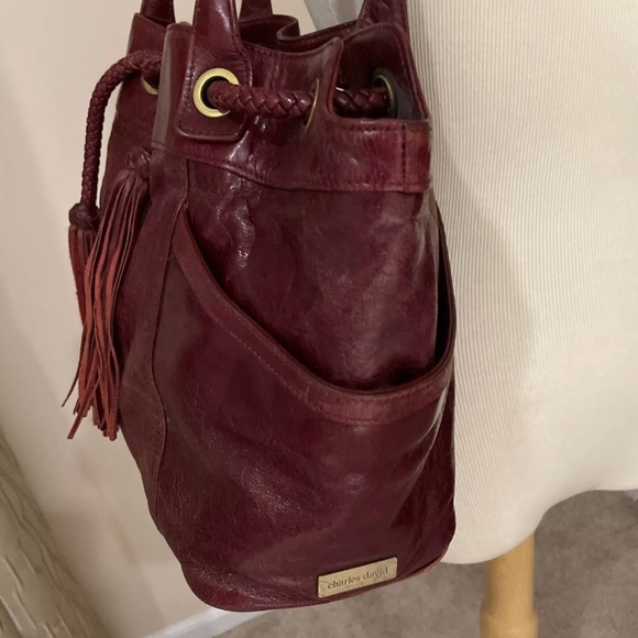 CHARLES DAVID BOHO HOBO BAG TOTE W/ BRAIDED DRAWSTRING TASSELS Burgundy/Oxblood - Picture 5 of 15